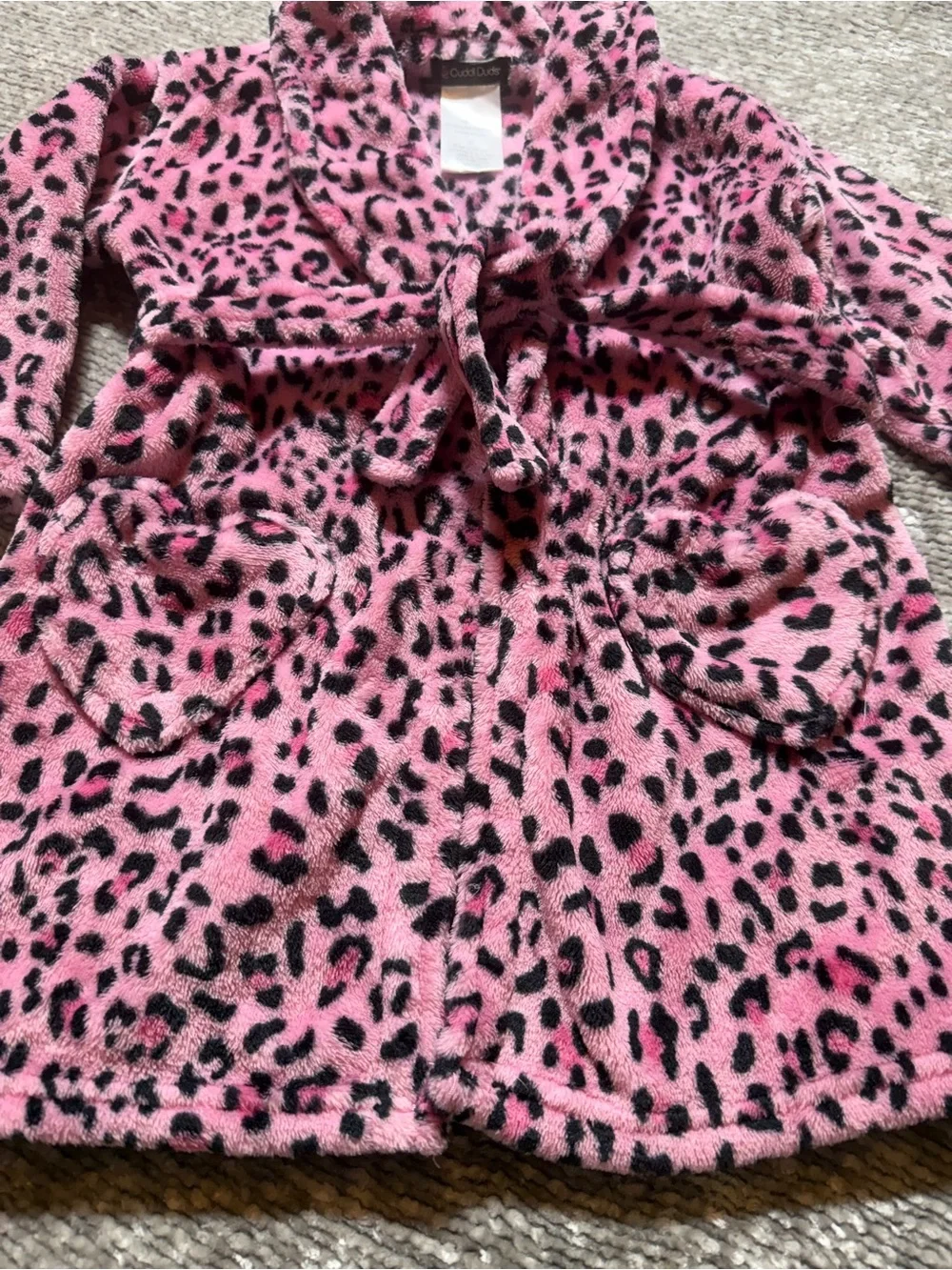 EUC Cuddl Duds Girls' Pink Leopard Fleece Bathrobe with heart pockets 2t